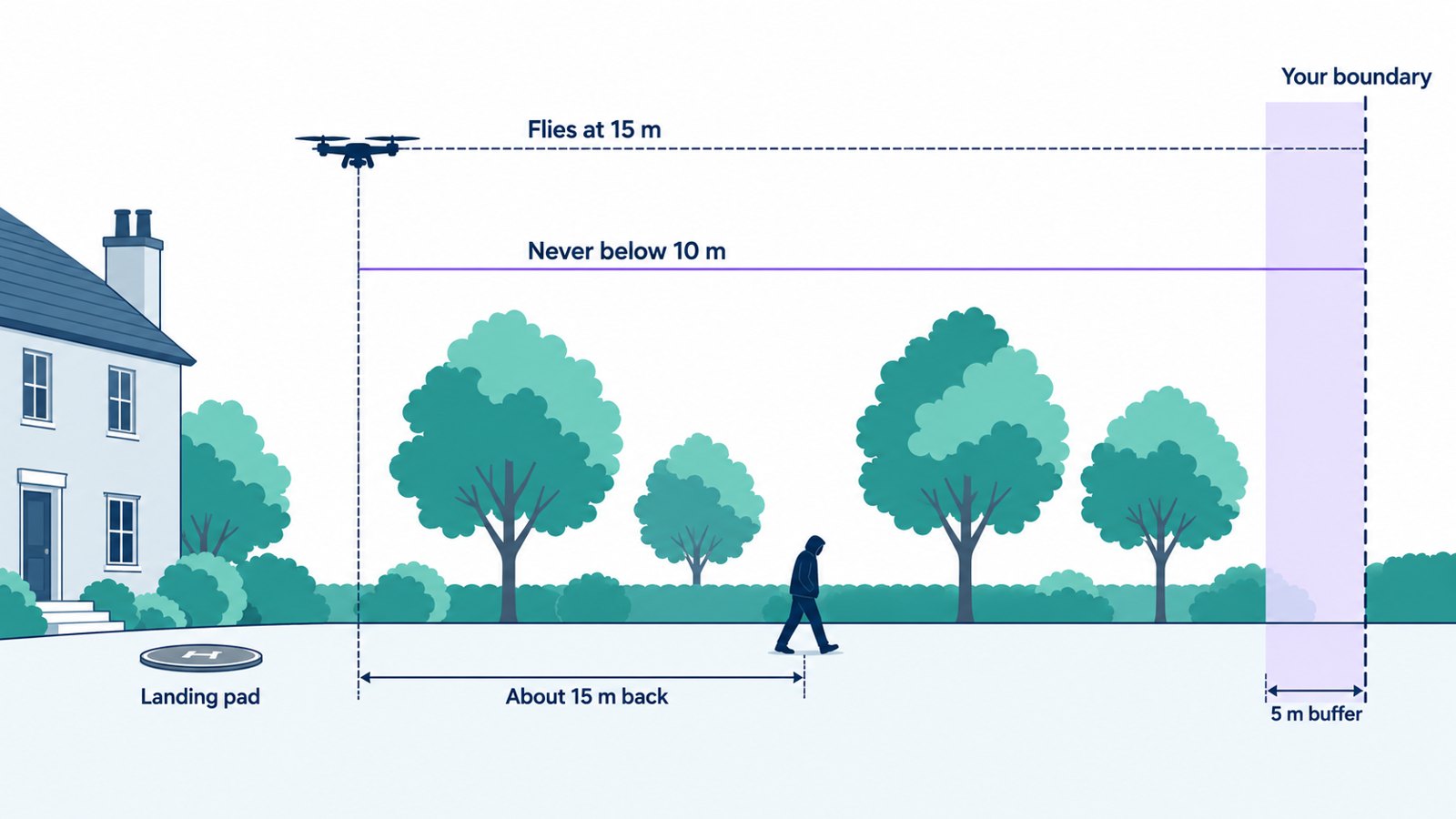 Side view of a garden. The drone flies at 15 metres and never below 10 metres, above the trees. It stays about 15 metres back from an intruder in a hooded jacket, and a 5 metre buffer runs inside your boundary. The landing pad sits on the lawn by the house.